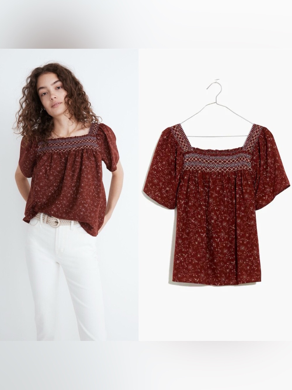 Madewell Square-Neck Smocked Top in Dotted Vines sz M